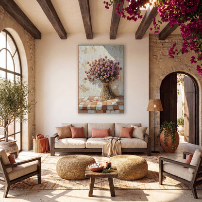 Pink Statice Tiled Ledge Boho wall art in a warm boho-style room – bouquet of dried pink and lilac flowers tied