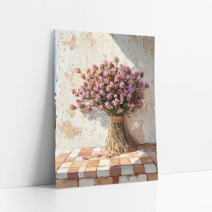 Pink Statice Tiled Ledge Boho art print leaning against a white wall – bouquet of dried pink and lilac flowers tied
