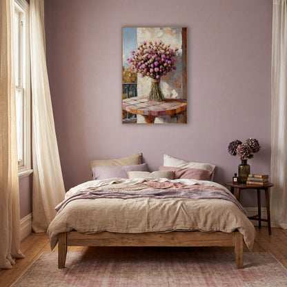 Dried Statice Bouquet Boho Decor wall art in a warm boho-style room – dried lilac pink flower bouquet tied with twine