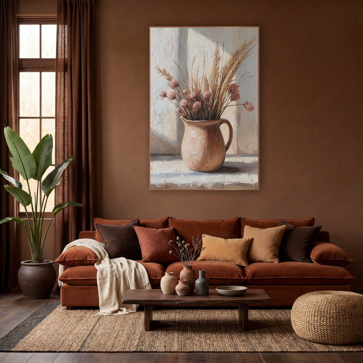 Dried Grass Clay Pitcher Still Life wall art in a warm boho-style room – dried grass plumes and dusty pink flowers