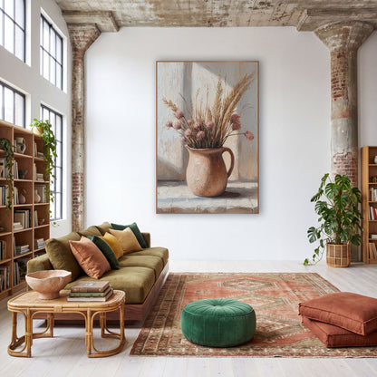 Dried Grass Clay Pitcher Still Life wall art in a warm boho-style room – dried grass plumes and dusty pink flowers
