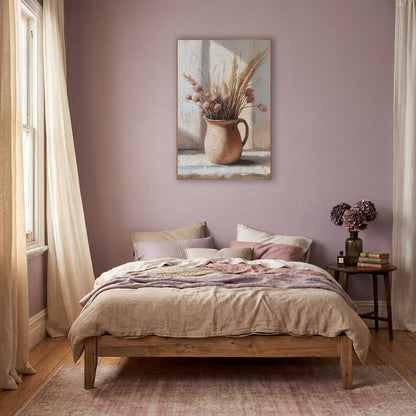 Dried Grass Clay Pitcher Still Life wall art in a warm boho-style room – dried grass plumes and dusty pink flowers