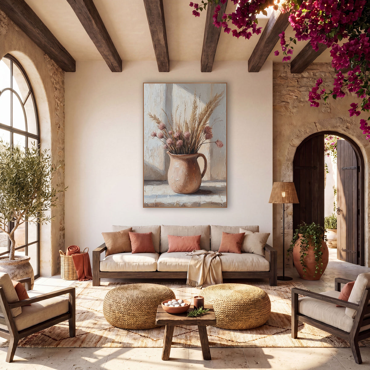Dried Grass Clay Pitcher Still Life wall art in a warm boho-style room – dried grass plumes and dusty pink flowers