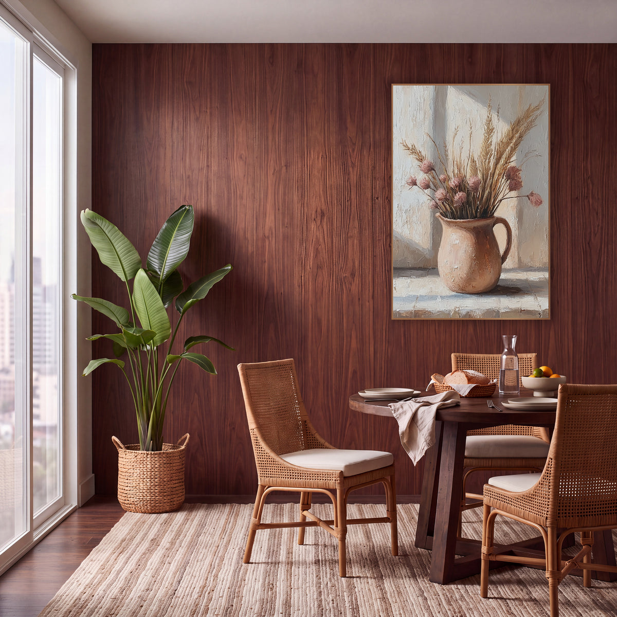 Dried Grass Clay Pitcher Still Life wall art in a warm boho-style room – dried grass plumes and dusty pink flowers