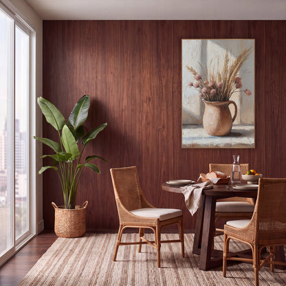 Dried Grass Clay Pitcher Still Life wall art in a warm boho-style room – dried grass plumes and dusty pink flowers