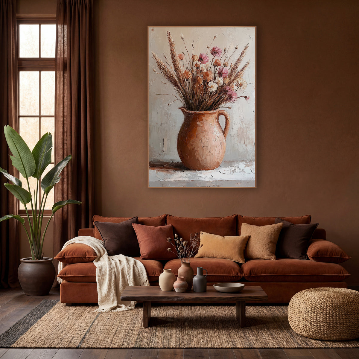 Wheat Pink Clay Pitcher Rustic wall art in a warm boho-style room – terracotta pitcher holding dried grasses and pink