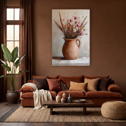 Wheat Pink Clay Pitcher Rustic wall art in a warm boho-style room – terracotta pitcher holding dried grasses and pink