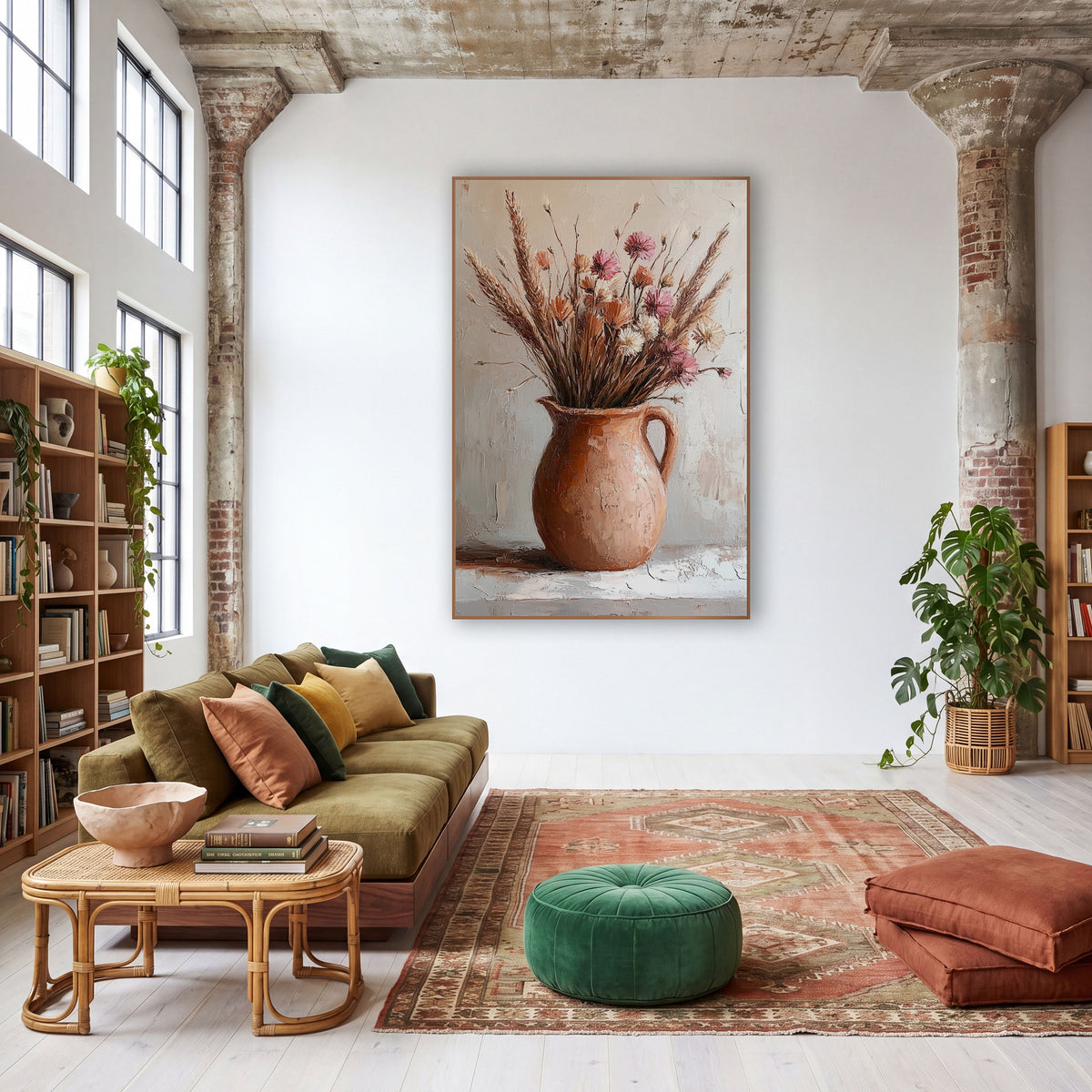 Wheat Pink Clay Pitcher Rustic wall art in a warm boho-style room – terracotta pitcher holding dried grasses and pink