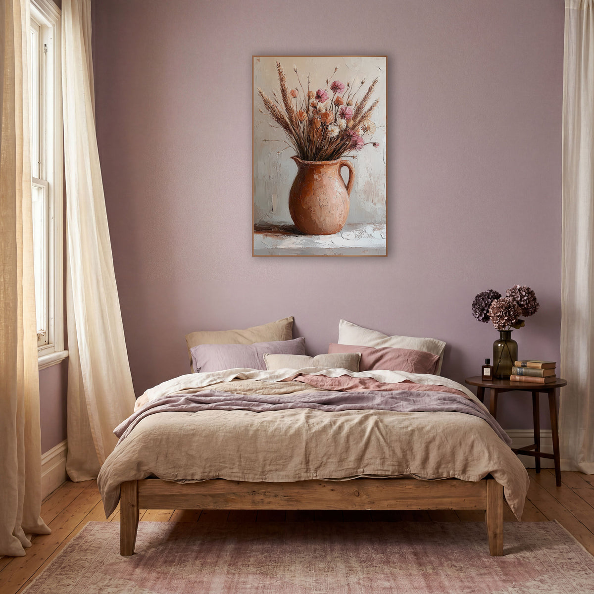 Wheat Pink Clay Pitcher Rustic wall art in a warm boho-style room – terracotta pitcher holding dried grasses and pink
