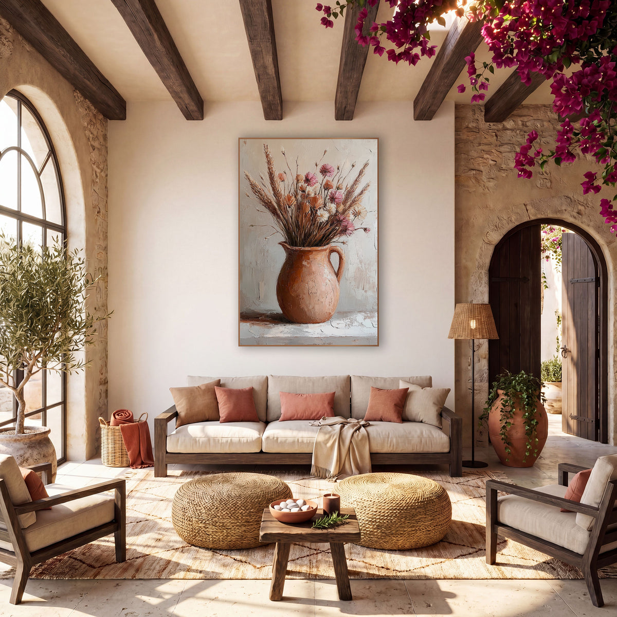 Wheat Pink Clay Pitcher Rustic wall art in a warm boho-style room – terracotta pitcher holding dried grasses and pink