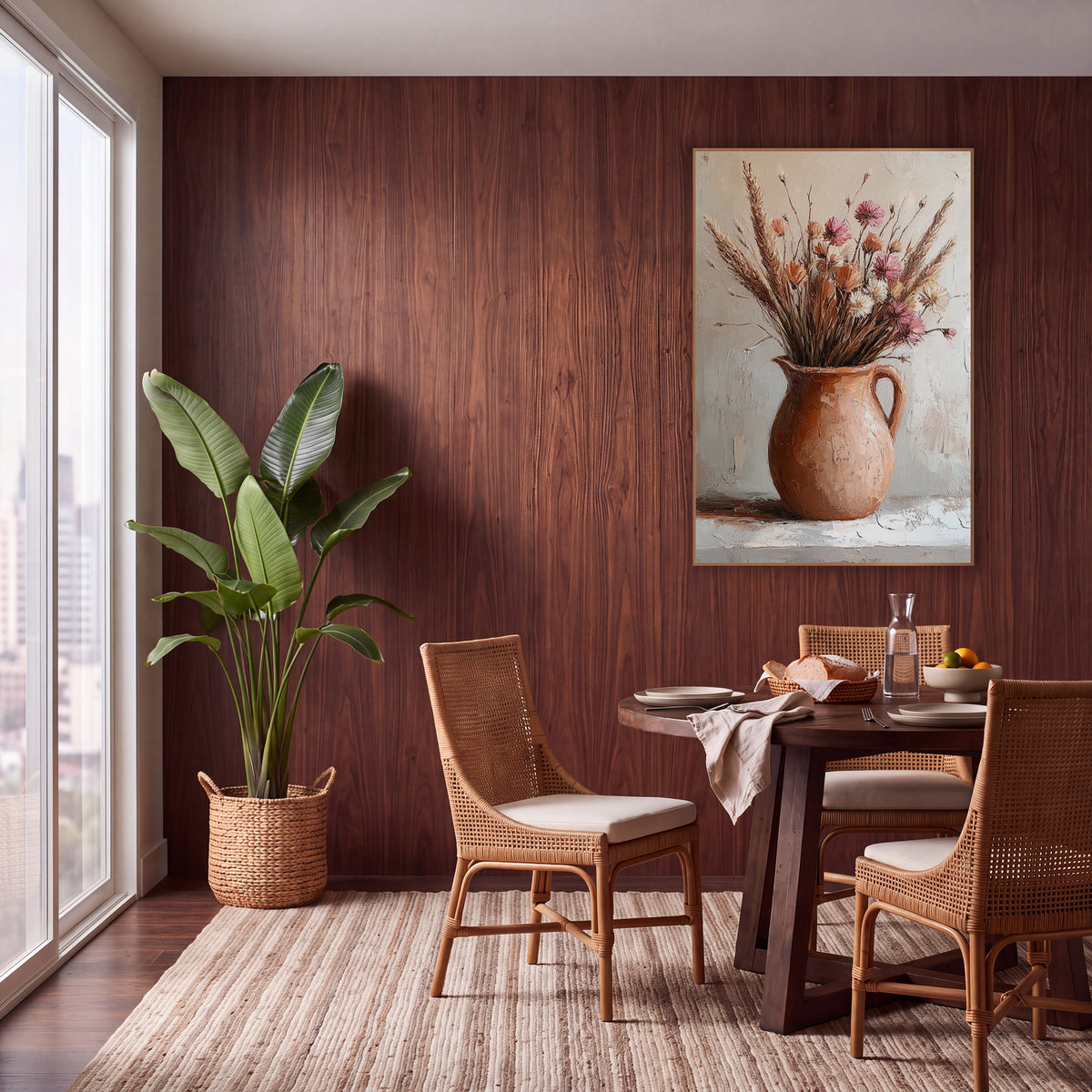 Wheat Pink Clay Pitcher Rustic wall art in a warm boho-style room – terracotta pitcher holding dried grasses and pink
