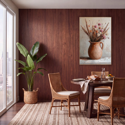 Wheat Pink Clay Pitcher Rustic wall art in a warm boho-style room – terracotta pitcher holding dried grasses and pink