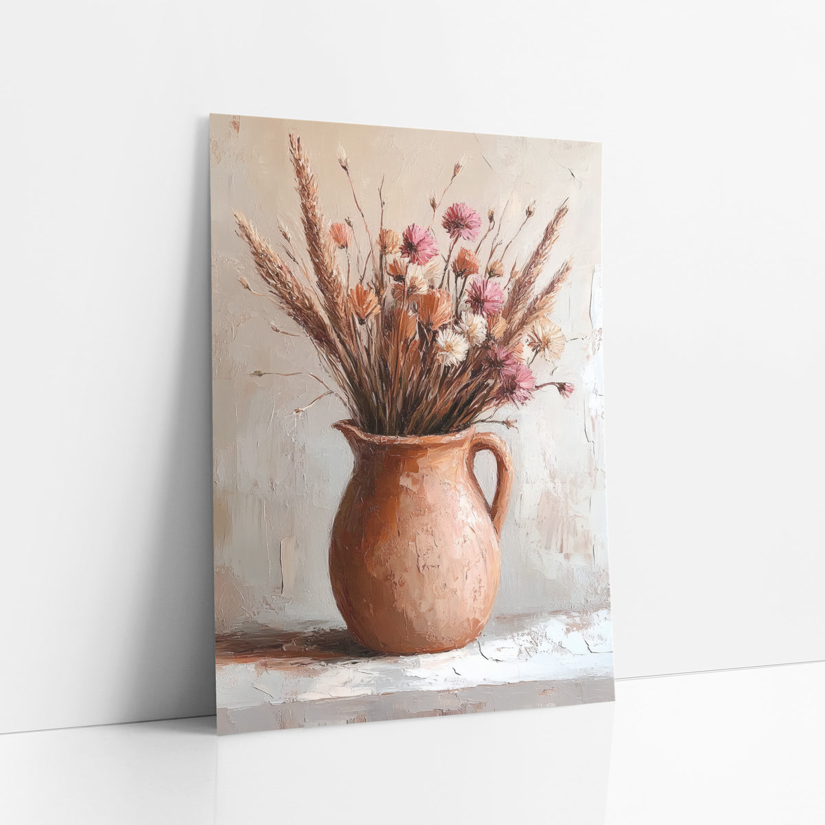 Wheat Pink Clay Pitcher Rustic art print leaning against a white wall – terracotta pitcher holding dried grasses and pink