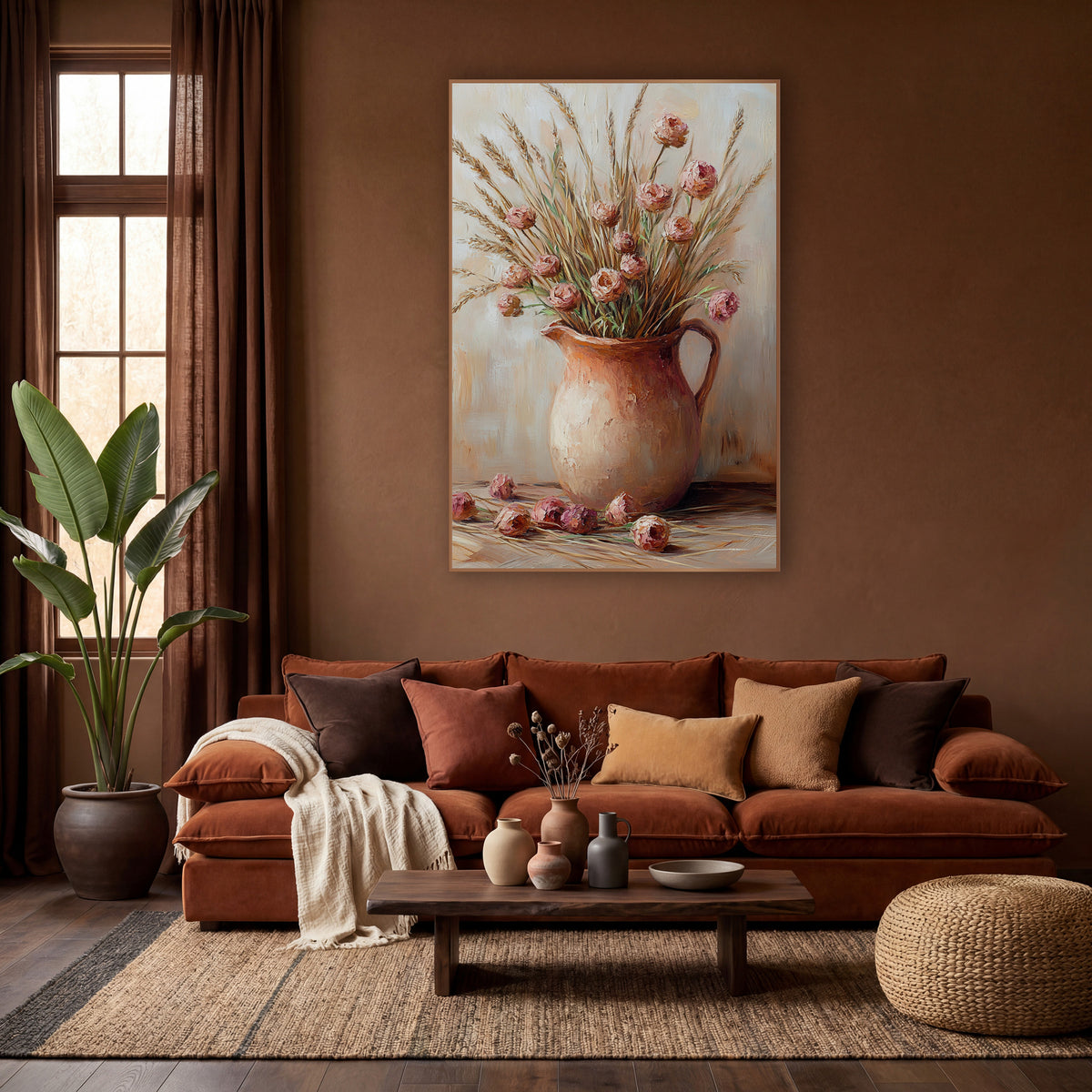 Wheat Stem Rosebud Pitcher Painterly wall art in a warm boho-style room – still life of dusty pink dried flowers