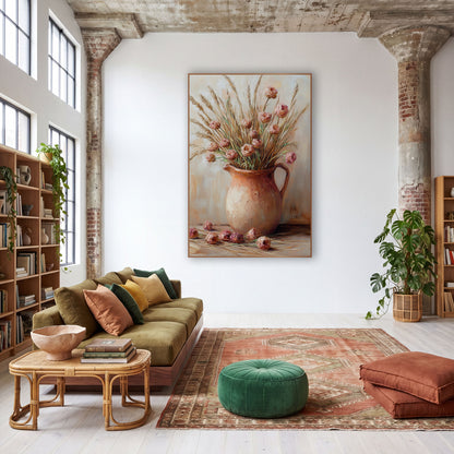 Wheat Stem Rosebud Pitcher Painterly wall art in a warm boho-style room – still life of dusty pink dried flowers