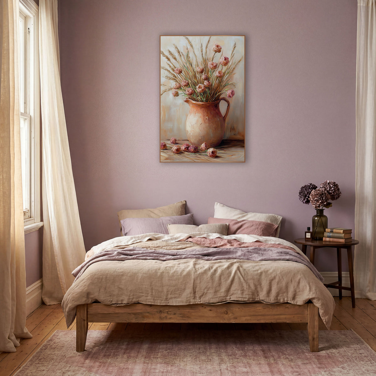 Wheat Stem Rosebud Pitcher Painterly wall art in a warm boho-style room – still life of dusty pink dried flowers