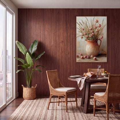 Wheat Stem Rosebud Pitcher Painterly wall art in a warm boho-style room – still life of dusty pink dried flowers