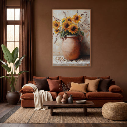Sunflowers In Clay Jug Rustic wall art in a warm boho-style room – golden sunflowers and dried grass stems