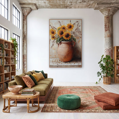 Sunflowers In Clay Jug Rustic wall art in a warm boho-style room – golden sunflowers and dried grass stems