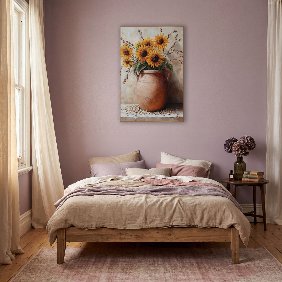 Sunflowers In Clay Jug Rustic wall art in a warm boho-style room – golden sunflowers and dried grass stems