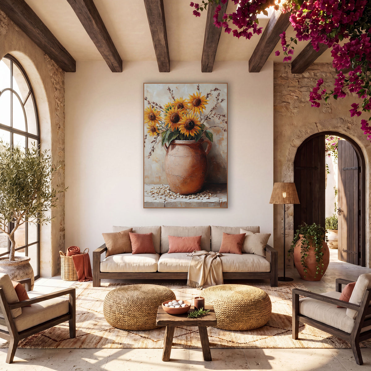 Sunflowers In Clay Jug Rustic wall art in a warm boho-style room – golden sunflowers and dried grass stems