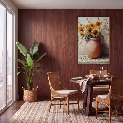 Sunflowers In Clay Jug Rustic wall art in a warm boho-style room – golden sunflowers and dried grass stems