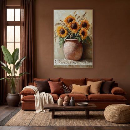Boho Sunflowers Terracotta Crock wall art in a warm boho-style room – five orange sunflowers and dried grain stalks