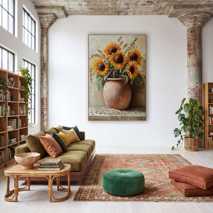 Boho Sunflowers Terracotta Crock wall art in a warm boho-style room – five orange sunflowers and dried grain stalks