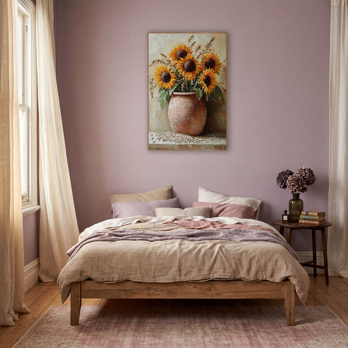 Boho Sunflowers Terracotta Crock wall art in a warm boho-style room – five orange sunflowers and dried grain stalks