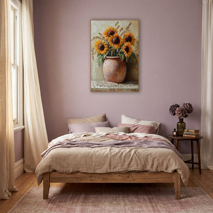 Boho Sunflowers Terracotta Crock wall art in a warm boho-style room – five orange sunflowers and dried grain stalks
