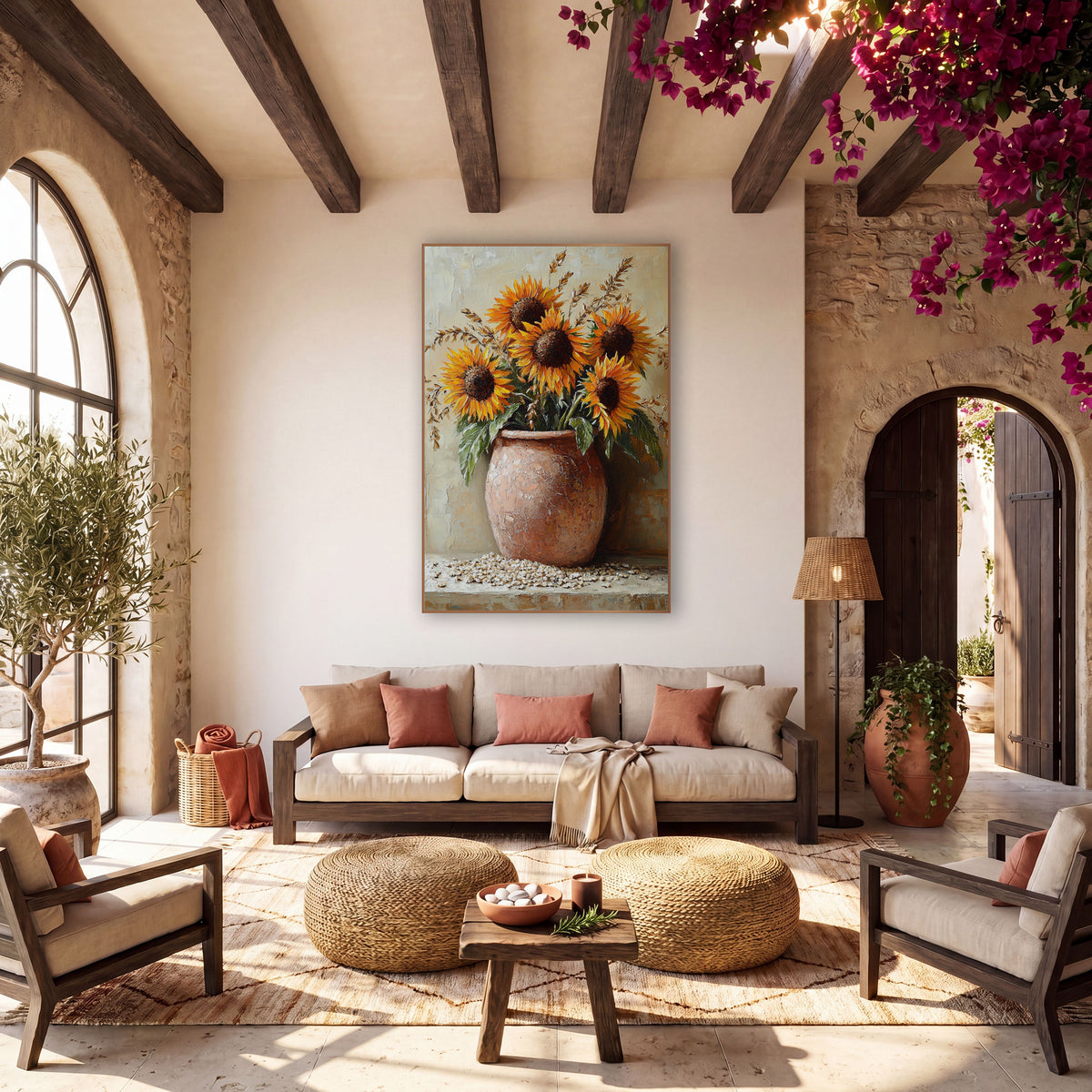 Boho Sunflowers Terracotta Crock wall art in a warm boho-style room – five orange sunflowers and dried grain stalks