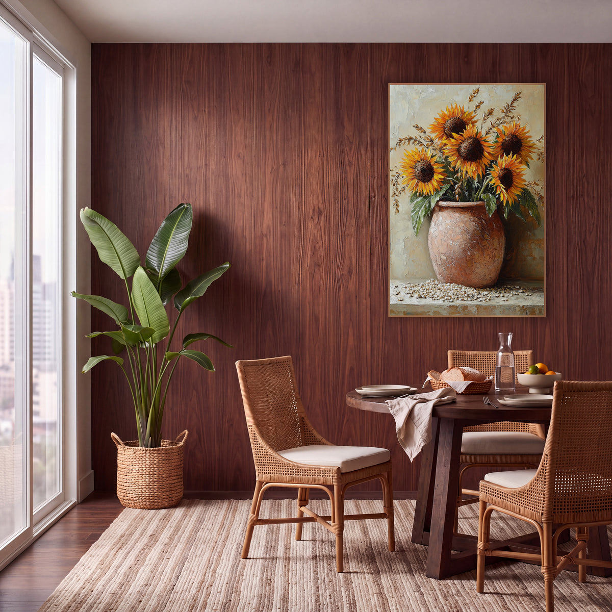Boho Sunflowers Terracotta Crock wall art in a warm boho-style room – five orange sunflowers and dried grain stalks