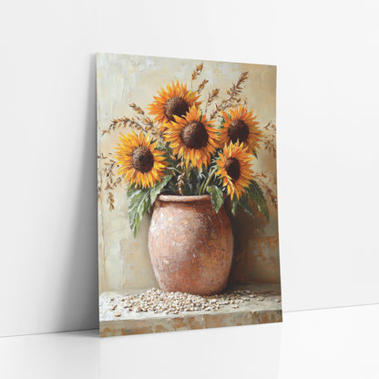 Boho Sunflowers Terracotta Crock art print leaning against a white wall – five orange sunflowers and dried grain stalks
