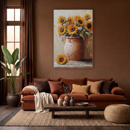 Fallen Sunflower Handled Crock Painterly wall art in a warm boho-style room – golden sunflowers in