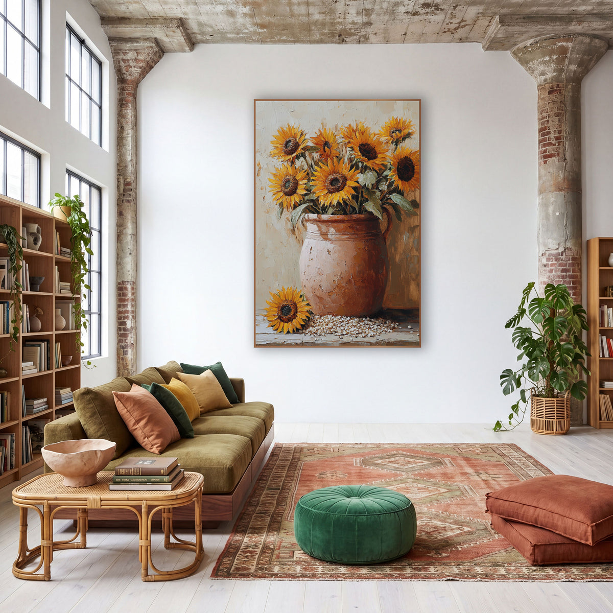 Fallen Sunflower Handled Crock Painterly wall art in a warm boho-style room – golden sunflowers in