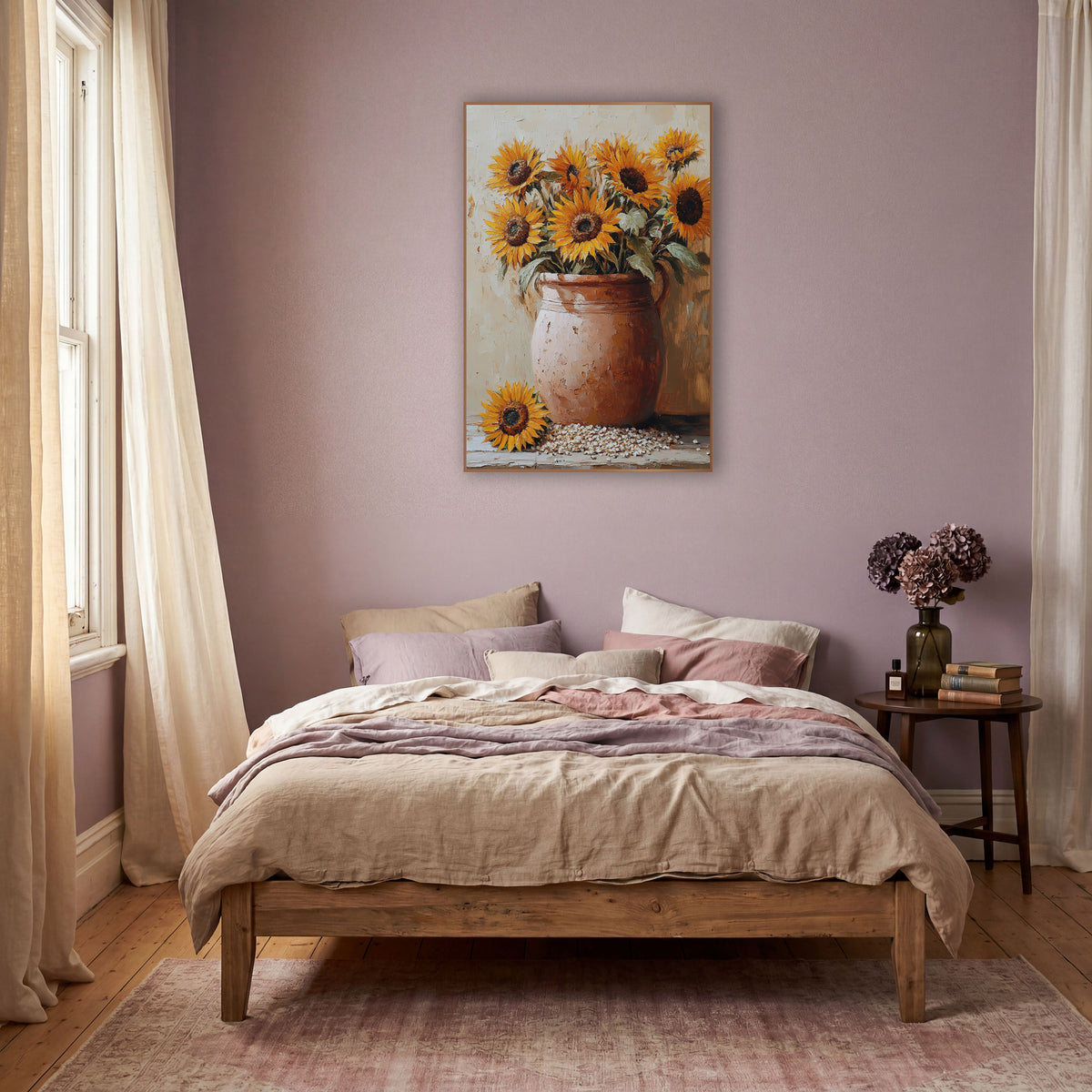 Fallen Sunflower Handled Crock Painterly wall art in a warm boho-style room – golden sunflowers in