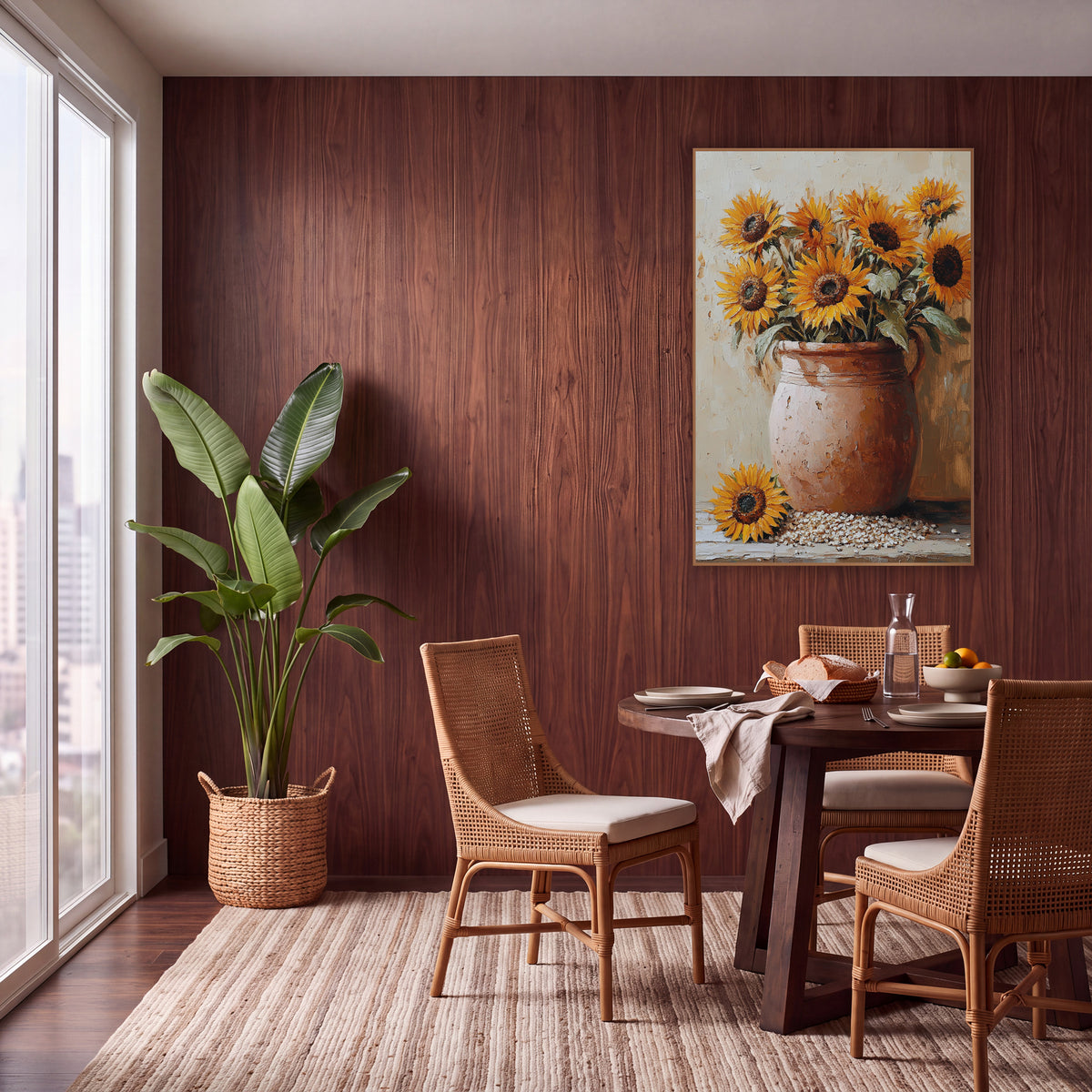 Fallen Sunflower Handled Crock Painterly wall art in a warm boho-style room – golden sunflowers in