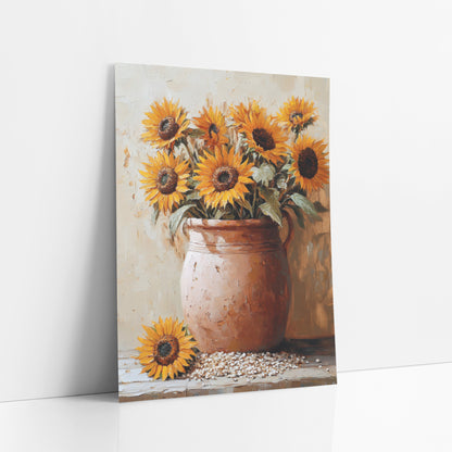 Fallen Sunflower Handled Crock Painterly art print leaning against a white wall – golden sunflowers in a terracotta-colored