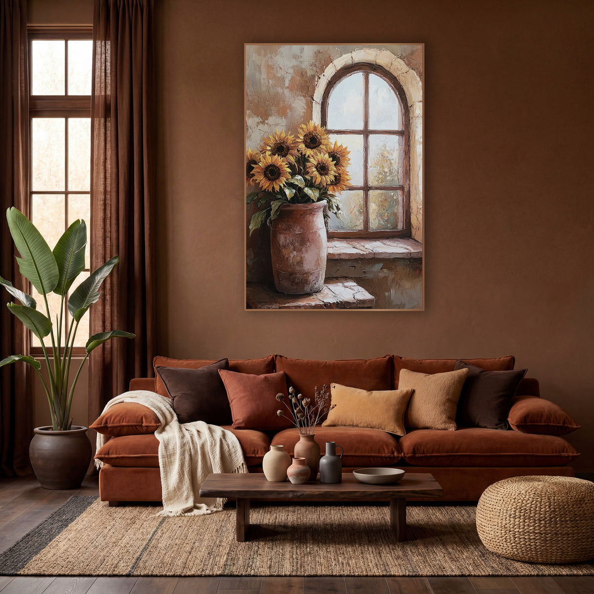Sunflowers by Arched Window Rustic wall art in a warm boho-style room – sunflowers in a worn rose-clay crock
