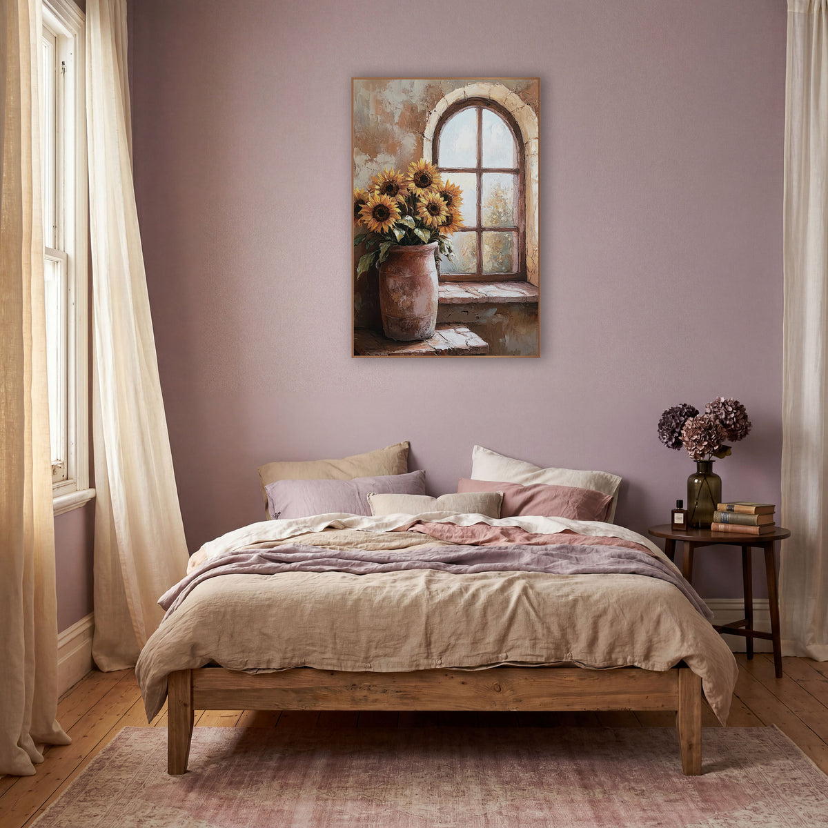 Sunflowers by Arched Window Rustic wall art in a warm boho-style room – sunflowers in a worn rose-clay crock