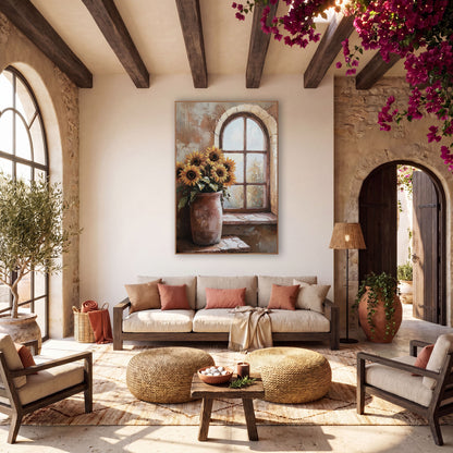 Sunflowers by Arched Window Rustic wall art in a warm boho-style room – sunflowers in a worn rose-clay crock