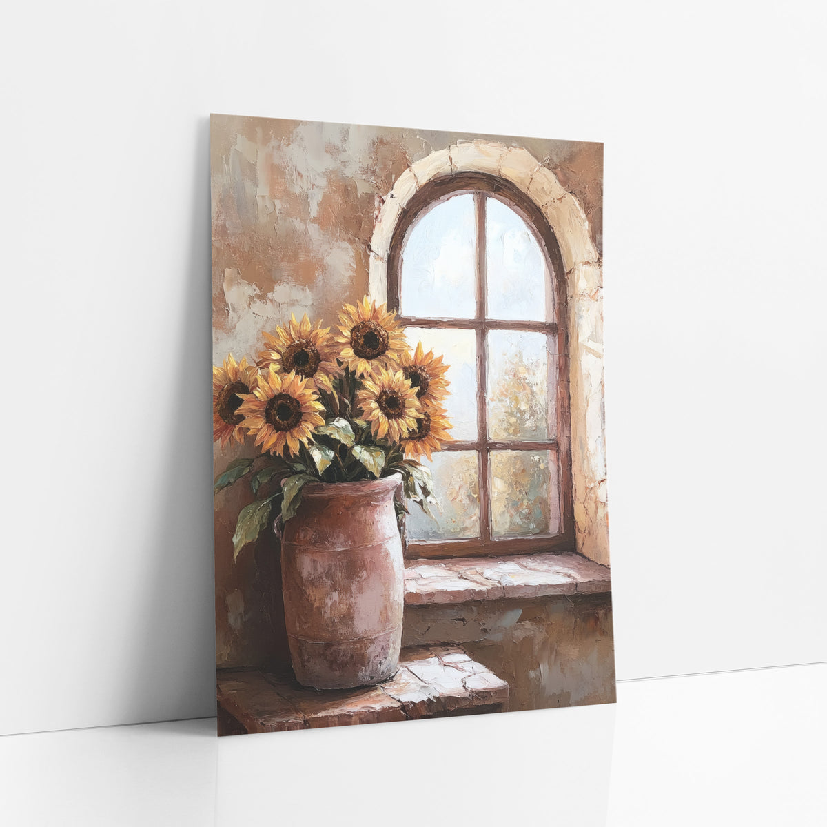 Sunflowers by Arched Window Rustic art print leaning against a white wall – sunflowers in a worn rose-clay crock