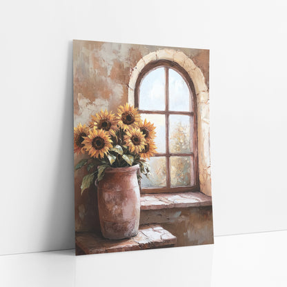 Sunflowers by Arched Window Rustic art print leaning against a white wall – sunflowers in a worn rose-clay crock