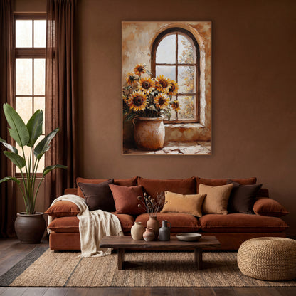 Sunflowers Arched Window Rustic Still Life wall art in a warm boho-style room – golden sunflowers in a speckled clay