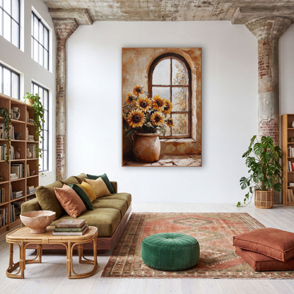 Sunflowers Arched Window Rustic Still Life wall art in a warm boho-style room – golden sunflowers in a speckled clay