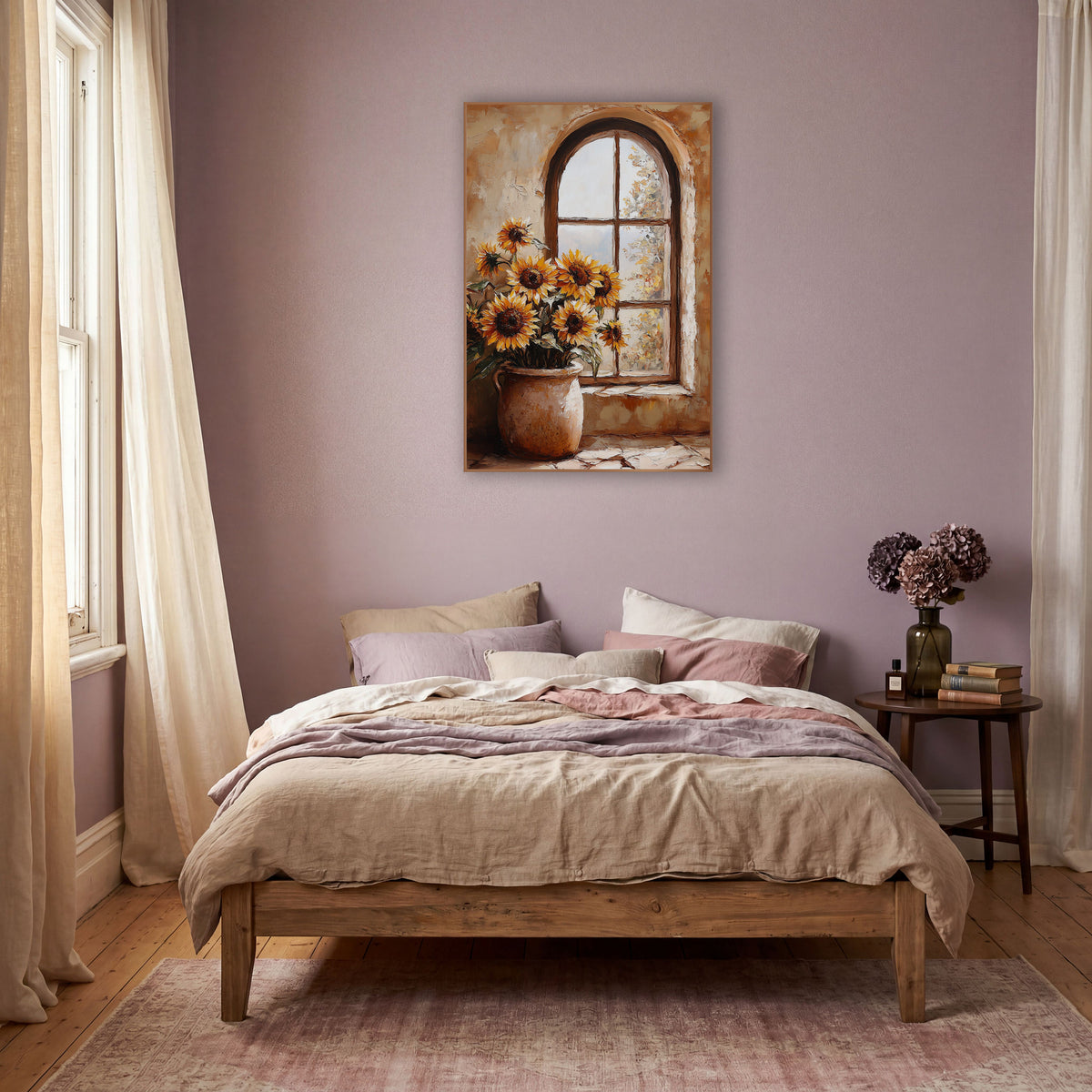 Sunflowers Arched Window Rustic Still Life wall art in a warm boho-style room – golden sunflowers in a speckled clay