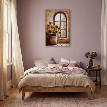 Sunflowers Arched Window Rustic Still Life wall art in a warm boho-style room – golden sunflowers in a speckled clay