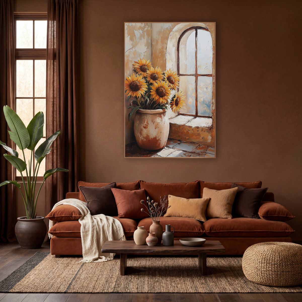 Sunflowers in Clay Pot Boho wall art in a warm boho-style room – six golden sunflowers in a rust-marked clay pot