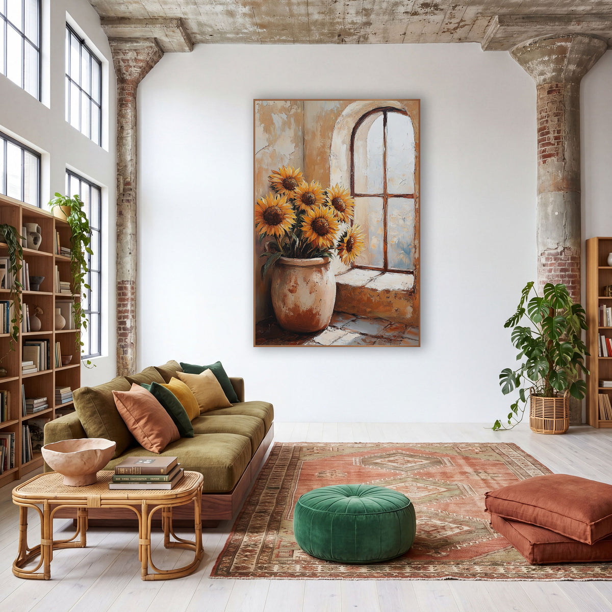 Sunflowers in Clay Pot Boho wall art in a warm boho-style room – six golden sunflowers in a rust-marked clay pot