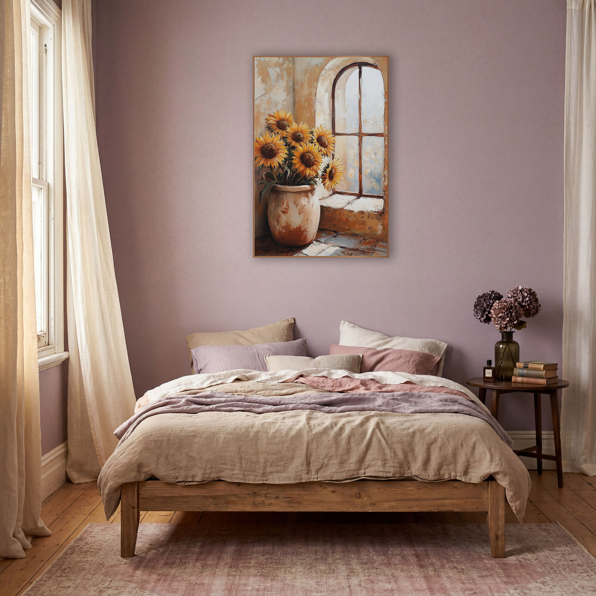 Sunflowers in Clay Pot Boho wall art in a warm boho-style room – six golden sunflowers in a rust-marked clay pot